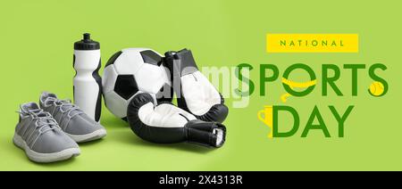 Banner per la giornata Nazionale dello Sport con diverse attrezzature Foto Stock
