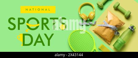 Banner per la giornata Nazionale dello Sport con diverse attrezzature Foto Stock