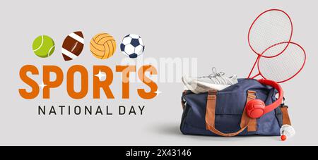 Banner per la giornata nazionale dello sport con borsa e attrezzature diverse Foto Stock