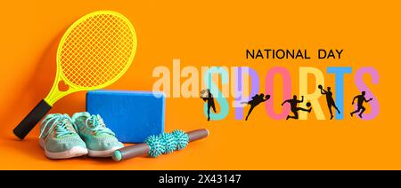 Banner per la giornata Nazionale dello Sport con diverse attrezzature Foto Stock