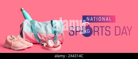 Banner per la giornata nazionale dello sport con borsa e attrezzature diverse Foto Stock