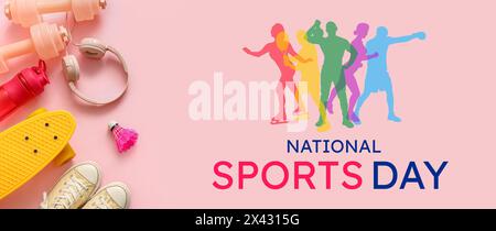 Banner per la giornata Nazionale dello Sport con diverse attrezzature Foto Stock