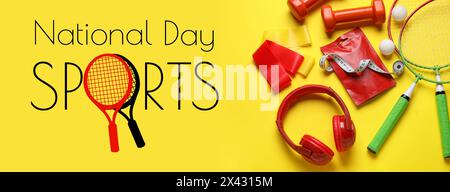 Banner per la giornata Nazionale dello Sport con diverse attrezzature Foto Stock