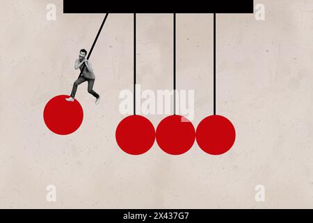 Grafica di tendenza immagine di schizzo composito collage fotografico 3D di un giovane uomo in bianco e nero che appende la mano sulla sfera movimento pendolare newton Foto Stock