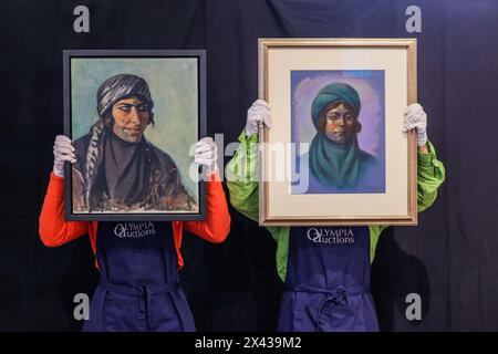 Olympia Auctions, Londra, Regno Unito, 30 aprile 2024 (R) Mustapha Farroukh (libanese 1901-1957) Bassara firmato in inglese e arabo - M. Farroukh - olio in basso a destra su tela (incorniciato) dipinto in 1945 provenienza Agial Art Gallery, Beirut, 2012 Est £ 1.500 - £ 3.500 (L) Saadi Sinevi (libanese 1902-1987) capo di una donna firmata e datata S. Sinevi/1940 guazzo centrale destro su carta, provenienza Agial Art Gallery, Beirut, 2012 Est £ 250-450 da maggio 2023, Olympia Auctions è lieta di vendere opere di qualità di artisti in Africa e Medio Oriente tramite vendite dedicate gestite da esperti di grande fama Foto Stock