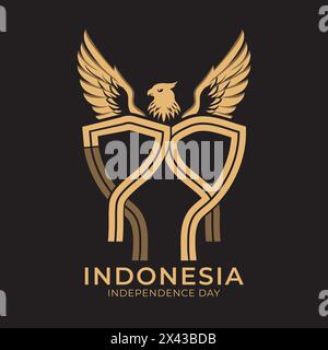 Logo del 79° giorno dell'indipendenza indonesiano con un'aquila di colore dorato Illustrazione Vettoriale