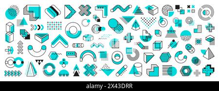 Il set vettoriale di Memphis dalle forme geometriche blu incarna motivi audaci e vivaci con elementi giustapposti come zigzag, scoiattoli, archi e triangoli, piramidi, cubi o cilindri in stile anni '1980 Illustrazione Vettoriale