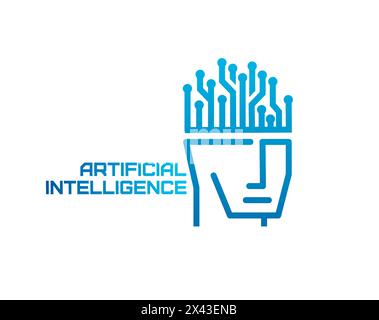 INTELLIGENZA artificiale icona dell'INTELLIGENZA artificiale di robot vettoriali, testa di robot umani, cyborg o umanoidi con cervello a forma di circuito stampato per computer. L'apprendimento automatico, i dati e le tecnologie future sono simbolo del robot IA Illustrazione Vettoriale