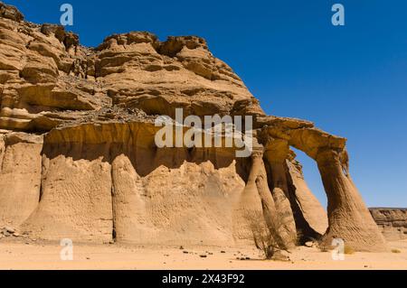 Formazione rocciosa di TiN Ghalega, arco Rhino Rosso. Wadi Teshuinat, Akakus, Fezzan, Libia Foto Stock