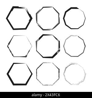 Set vettoriale di telai ottagonali assortiti. Vari design a otto lati dei bordi. Collezione geometrica poligonale Outlines. Illustrazione Vettoriale