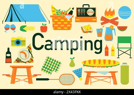 Elementi da campeggio. Picnic nel parco. Tenda e fuoco. Cibo e bevande per pasti all'aperto. Attrezzatura da viaggio. Sandwich, limonata e frutta. Cartoon vettoriale, escursioni isolate o illustrazione delle vacanze Illustrazione Vettoriale