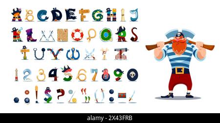 Carattere dei pirati dei cartoni animati, carattere filibuster Captain o tipo pirateria con marinaio corsaro, alfabeto inglese vettoriale. Caratteri dei pirati: Lettere ABC di ancora marina, cappello pirata e cannone con spada a filigrana Illustrazione Vettoriale