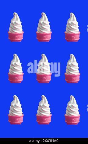 File di gelato Milk Soft serve in coni rosa su sfondo blu ultramarino Foto Stock