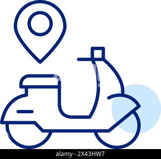 Scooter retrò e puntatore mappa. Sede di noleggio. Trasporto urbano. Pixel Perfect, icona traccia modificabile Illustrazione Vettoriale
