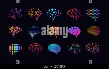 Logo cervello. Icone astratte ai. Simboli psicologici. Dati artificiali sulla scienza neurale. Tecnologia informatica. Memoria digitale. Genio cerebrale. Logica e mente. Segni di sfumatura colore. Set di pittogrammi della linea vettoriale Illustrazione Vettoriale