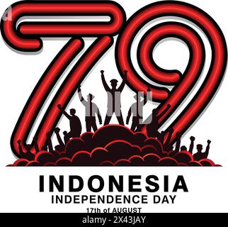 Logo del 79° giorno dell'indipendenza indonesiana. Silhouette di persone che alzano le mani sulla nuvola di fronte al logo 79 Illustrazione Vettoriale