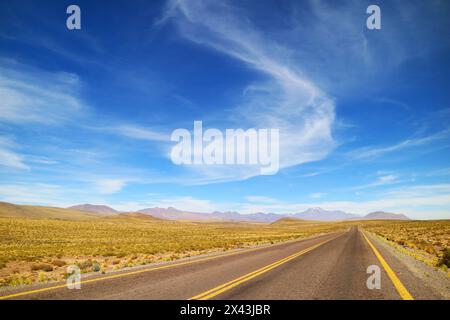 Empty Desert Road nella Riserva Nazionale di Los Flamencos, nella Regione di Antofagasta, Cile del Nord, Sud America Foto Stock