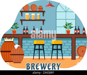 Processo di produzione della birra illustrazione vettoriale con serbatoio di birra e bottiglia piena di bevanda alcolica per la fermentazione in Flat Cartoon background Illustrazione Vettoriale