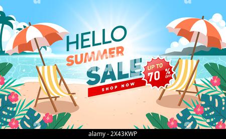 sfondo vettoriale estivo con illustrazioni da spiaggia per banner, biglietti, volantini, sfondi per social media, ecc. Illustrazione Vettoriale