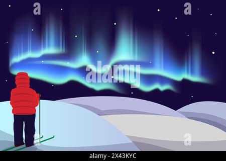 Aurora boreale. Paesaggio panoramico. Persona che guarda il fenomeno del cielo settentrionale. Ammira la natura. Colline innevate. Uomo sulla neve. Sci invernale. Avventura di viaggio. Notte buia con luci polari. Illustrazione vettoriale Illustrazione Vettoriale