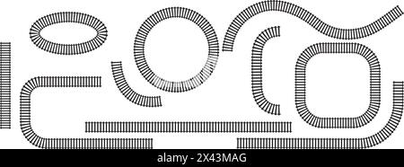 Serie di segmenti ferroviari. Vista dall'alto elementi ferroviari su strada. Binari ferroviari rettilinei e ondulati, telai circolari e ovali isolati su sfondo bianco Illustrazione Vettoriale