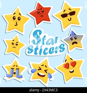 Emoji stellare. Adesivo stellato. Carattere spazio. Facce tristi o felici. Cuore d'amore romantico. Sorrisi giallo. Emoticon allegri e arrabbiati. Un bel twinkles. Espressione emotiva. Banner cartoon vettoriale Illustrazione Vettoriale