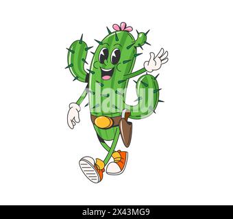 Cartoni animati retro groove Wild West cactus character. Cowboy di cactus vettoriale isolato o personaggio di bandito. Divertente e succulento rancher con grandi occhi e custodia da cintura con pistola pronta per avventure western Illustrazione Vettoriale