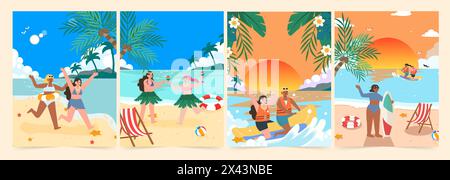 Spiaggia estiva, acqua blu dell'oceano. Palme soleggiate e vacanze, palme da cocco, viaggi in mare, donna in riva al mare, resort tropicale sull'isola. Illustrazione vettoriale Illustrazione Vettoriale