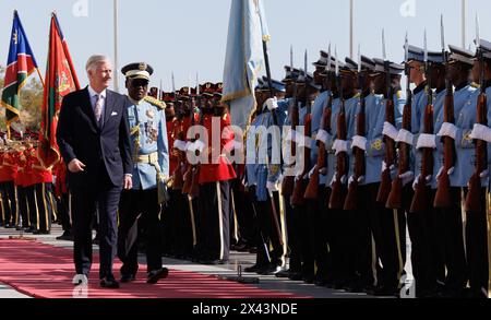 Windhoek, Namibia. 30 aprile 2024. Re Filippo - Filip del Belgio nella foto durante il benvenuto ufficiale alla Casa di Stato a Windhoek, Namibia, martedì 30 aprile 2024, durante una visita ufficiale del re belga in Namibia. BELGA PHOTO BENOIT DOPPAGNE credito: Belga News Agency/Alamy Live News Foto Stock