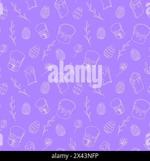 Ricchissima di uova di Pasqua, torte di Pasqua Kulich ed elementi floreali. Disegno continuo su una linea. Sfondo viola. Design natalizio. Decorazioni pasquali Illustrazione Vettoriale