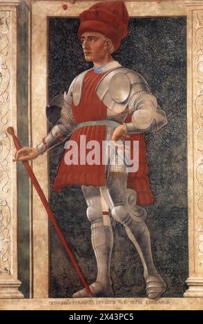 ANDREA DEL CASTAGNO (1423, Castagno, 1457, Firenze) personaggi famosi: Farinata degli Uberti c. 1450 affresco trasferito in legno, 250 x 154 cm Galleria degli Uffizi, Firenze la foto mostra uno dei tre comandanti militari fiorentini rappresentati nel ciclo. Farinata degli Uberti fu un nobile fiorentino che divenne il capo dei ghibellini fiorentini, il partito proimperiale. Secondo Dante, Uberti da solo dissuase i membri della coalizione ghibellina dal razziare la città di Firenze, che avevano appena catturato. --- parole chiave: --------------- AUTORE: ANDREA DEL CA Foto Stock