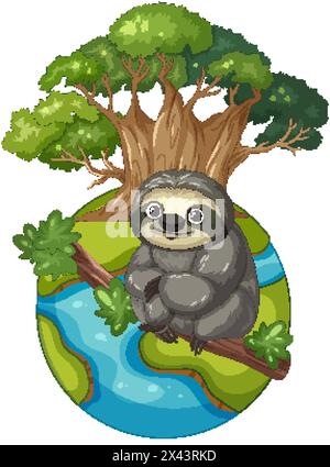 Bradipo di cartoni animati appeso a un albero su un globo. Illustrazione Vettoriale