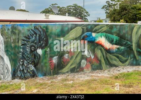 Native Birds Water Tank Art di Simon White, Bemm River, Victoria, Australia Foto Stock