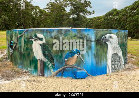 Native Birds Water Tank Art di Simon White, Bemm River, Victoria, Australia Foto Stock