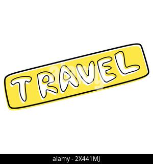 Testo di viaggio. Contorno di uno schizzo nero con giallo isolato su sfondo bianco. Illustrazione del segno vettoriale per gli autostoppisti. Scritta scritta a mano Vacation des Illustrazione Vettoriale