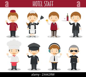 Serie vettoriale di professioni del personale dell'hotel in stile cartoni animati Illustrazione Vettoriale