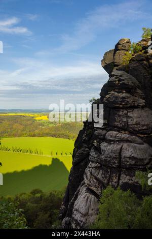 Sächsische Schweiz Der Lilienstein ist der markannteste und bekannteste Felsen im Elbsandsteingebirge. Ebenheit Sachsen Deutschland *** Svizzera sassone il Lilienstein è la roccia più prominente e più conosciuta dei Monti dell'Elba in Sassonia Germania Foto Stock