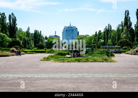 Bucarest, Romania - 15 Aprile 2021: Paesaggio con erba, rose e grandi alberi verdi verso il cielo azzurro nel Parco Re Michele i (Herastrau), i Foto Stock