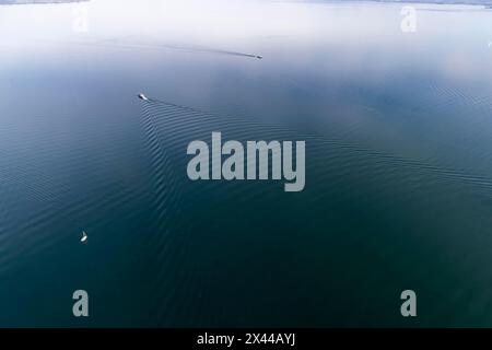 Navi sul lago di Costanza, struttura a onde, vista aerea, Friedrichshafen, Baden-Wuerttemberg, Germania Foto Stock