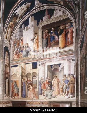 ANGELICO, fra (nato ca. 1400, Vicchio nel Mugello, d. 1455, Roma) Scene dalla vita dei Santi Lorenzo e Stefano 1447-49 affresco Cappella Niccolina, Palazzi Pontifici, Vaticano fra Angelico è stato incaricato di una serie di commissioni per il Palazzo Vaticano. Quello che più coinvolse l'opera fu la decorazione della piccola stanza nell'antica torre di Papa Innocenzo III che Nicola V trasformò nella sua cappella privata, uno spazio rettangolare con una volta inguinale. Il pavimento installato in questo momento sopravvive. Mostra l'emblema di Nicola V, un sole radioso. Gli affreschi mostrano scene della vita di Foto Stock