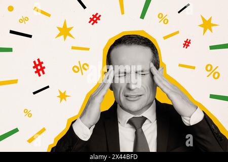 Immagine di tendenza grafica immagine di schizzo collage fotografico composito di silhouette giovane uomo ufficio manager lavoro tenere la mano mal di testa sovraccarico simbolo matematico Foto Stock
