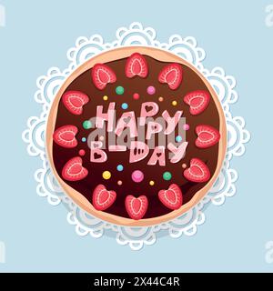 Torta di compleanno decorata con vista dall'alto sulle fragole. Torta di buon compleanno con glassa di cioccolato decorata con lettere. Torta al cioccolato cartoni animati su un piatto Illustrazione Vettoriale