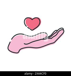 Icona del cuore su una linea della mano chiusa isolata su sfondo bianco. Mano umana che tiene un cuore. Illustrazione vettoriale Illustrazione Vettoriale