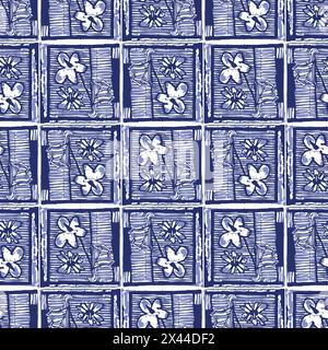 Motivo di effetto di stampa a blocchi giapponese blu indaco. Design vettoriale senza cuciture realizzato a mano per lo sfondo in tessuto batik e la moda sbiadita si ripete. Illustrazione Vettoriale