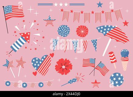 Set disegnato a mano per il 4 luglio. Disegno vettoriale della bandiera americana, fuochi d'artificio, ghirlande, stelle per il giorno dell'indipendenza. Illustrazione Vettoriale