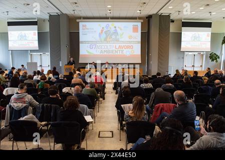 Torino, Italia. 30 aprile 2024. Un momento della conferenza 'il G7 ascolti il lavoro e l'ambiente' a Torino, Italia - Martedì 30 aprile 2024 - Un momento della conferenza 'il G7 ascolta il lavoro e l'ambiente' Torino, Italia - martedì 30 aprile 2024 (foto Matteo Secci/LaPresse) crediti: LaPresse/Alamy Live News Foto Stock