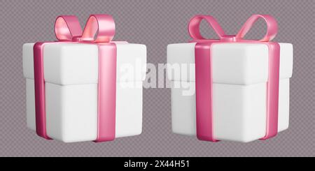 Scatole regalo con nastri, realistiche scatole bianche 3d con archi rosa. Regalo a sorpresa isolato su sfondo grigio. Illustrazione Vettoriale
