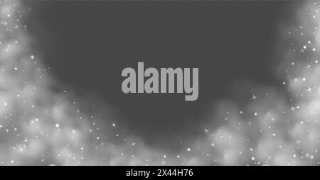 Fumo magico bianco con stelle e scintille, nebbia con particelle brillanti, vapori colorati con polvere di stelle. Illustrazione Vettoriale