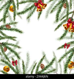 Cornice con campane dorate natalizie, fiocco in raso rosso, rami di abete e pino, cedro, coni di abete. Simbolo dell'acquerello di Capodanno isolato su Foto Stock