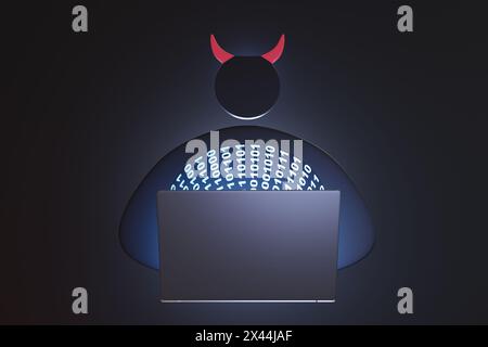 Silhouette nera del diavolo davanti a un notebook argentato che proietta codici binari sul corpo su sfondo scuro. Crimine informatico, hacker, phishing Foto Stock